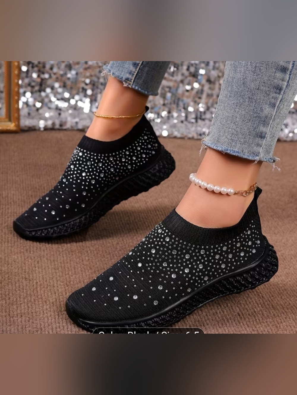 Women's Black Rhinestone Slip-On Knit Sneakers